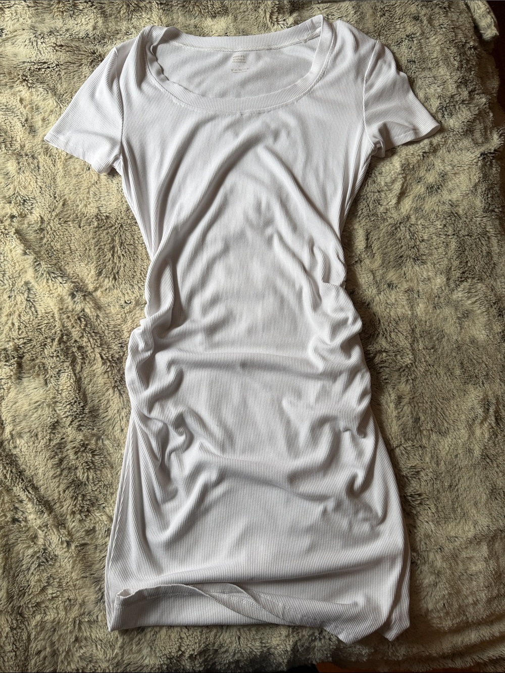 Scoop Neck Short Sleeve Ribbed Dress — White